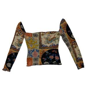 Roberto Cavalli FW 2002 Patchwork Printed Stretchy Square Neck LS Top